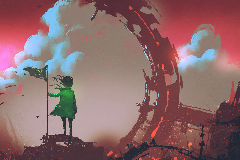 Link: The Outsider by Michael McKellar. Image: A girl with flag standing on ruins of city looking the red sky.