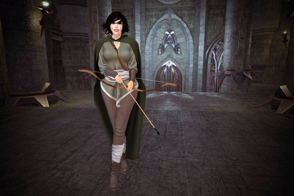 Image:  A traveller in a castle with a bow and arrow.