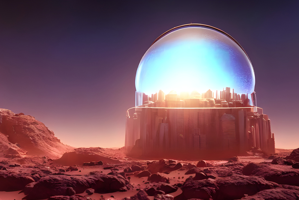 Image: A city under a dome in a barren land.