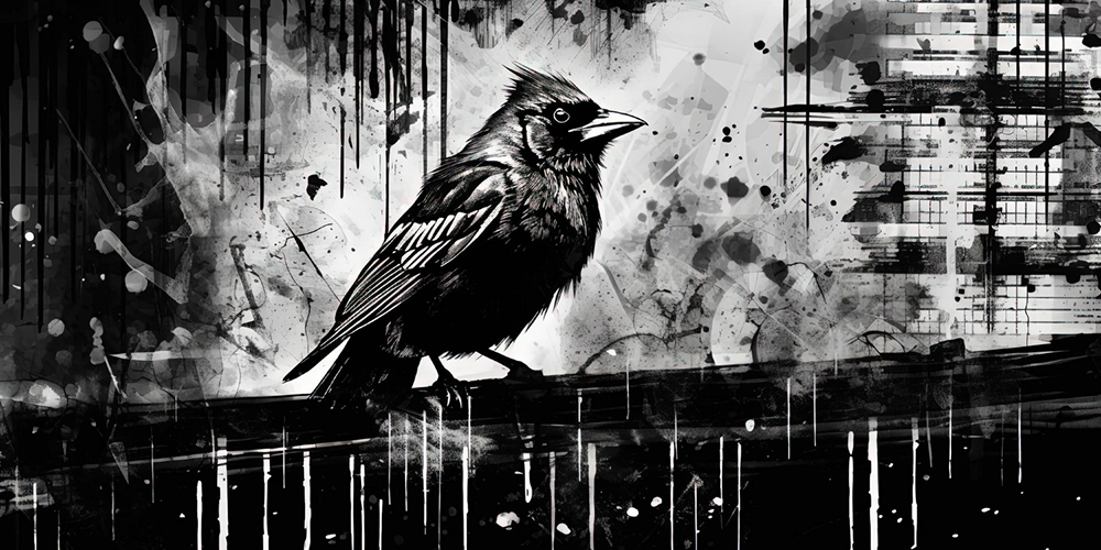 Image: A black and white illustration of a Raven sitting on a railing.