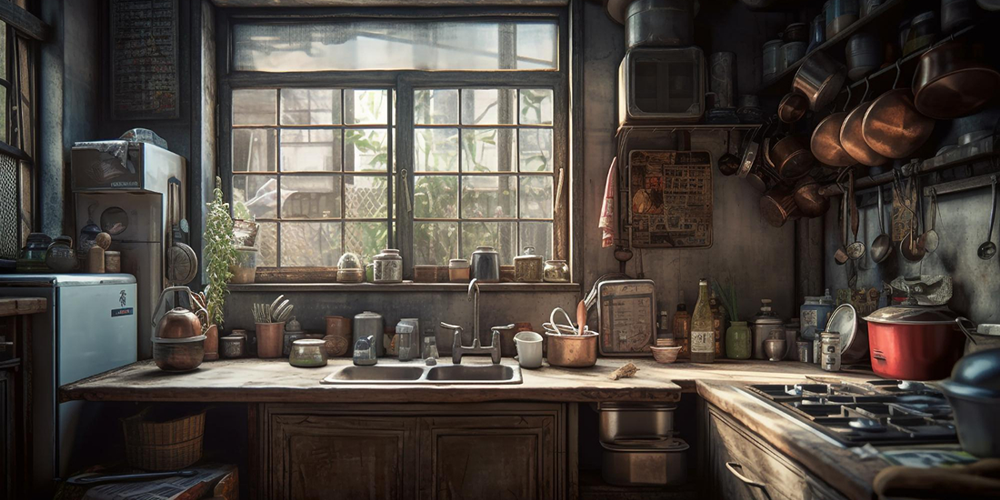 A gloomy old kitchen, showing its wear and tear