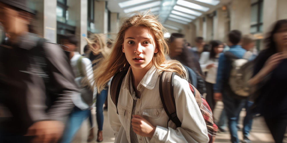 A young student running in a crowded corridor. She looks panicked. 