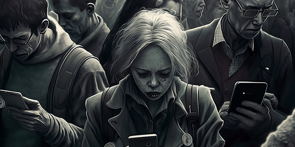 A young woman, staring at her phone. She's surrounded by other Zombies.